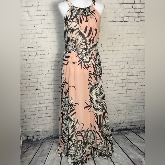 Eliza J Pink Black Floral Print Chiffon Maxi Dress Neck Tie Hidden Zippe… - Picture 2 of 11